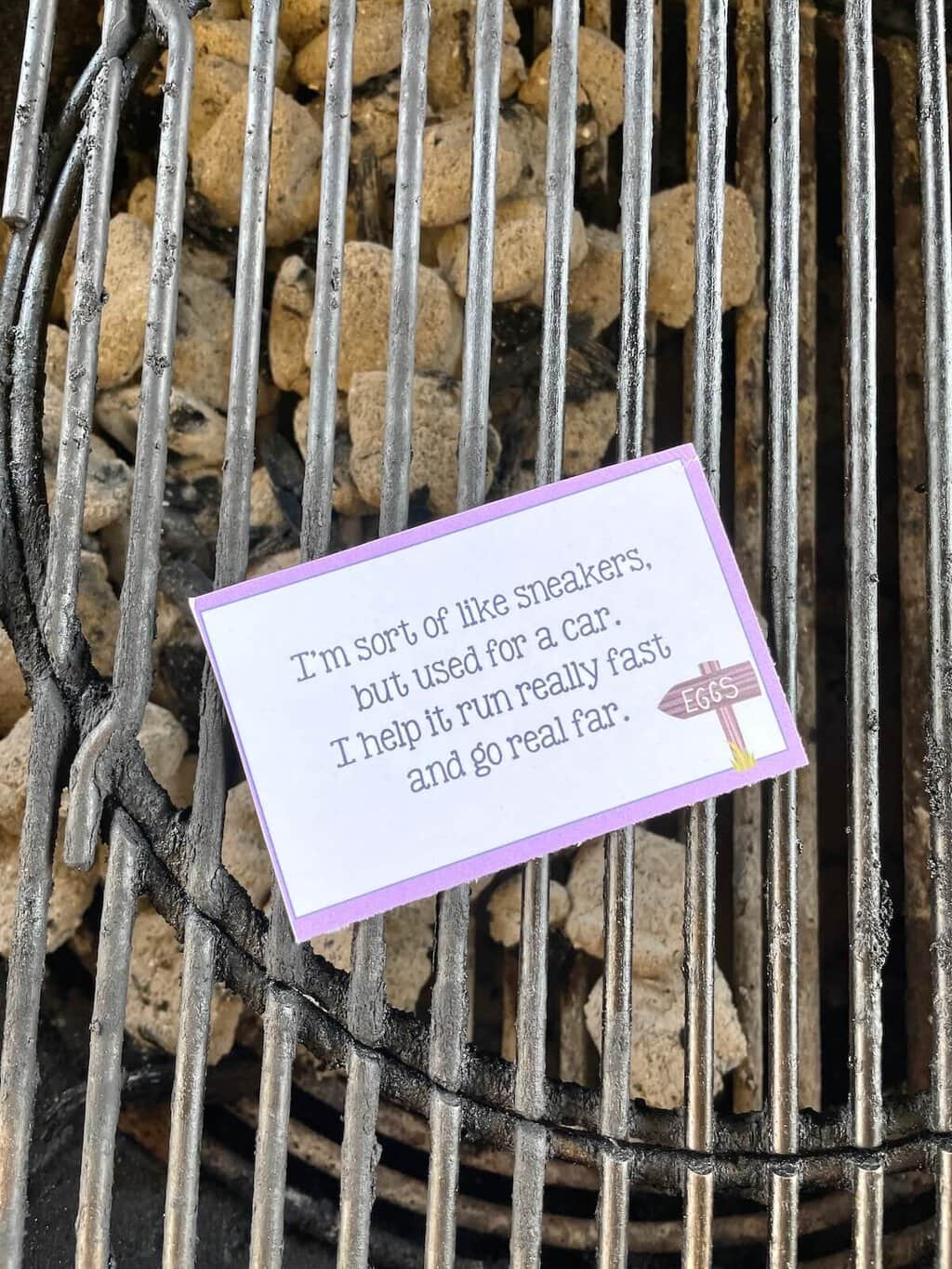 an Easter scavenger hunt clue on a grill
