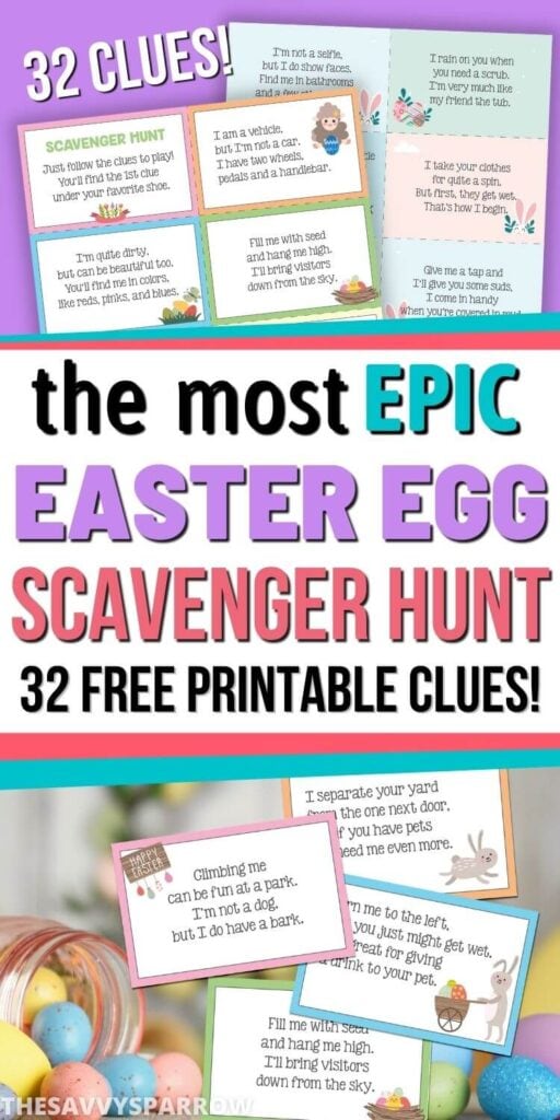 collage of free printable Easter scavenger hunt clues