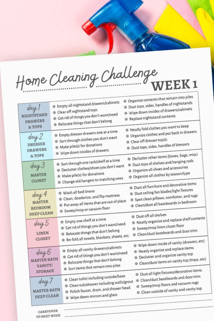 week 1 printable pdf of the home cleaning challenge