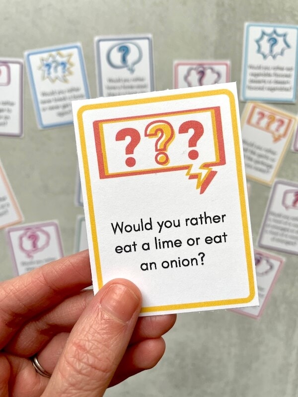 printable question card that says would you rather eat a lime or eat an onion