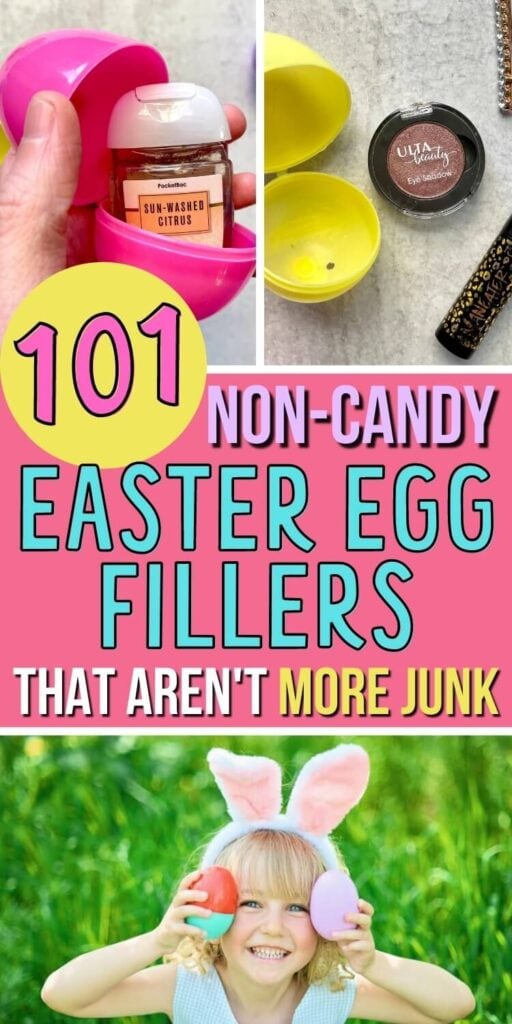 collage of plastic Easter egg stuffers and text that says 101 non-candy Easter egg fillers