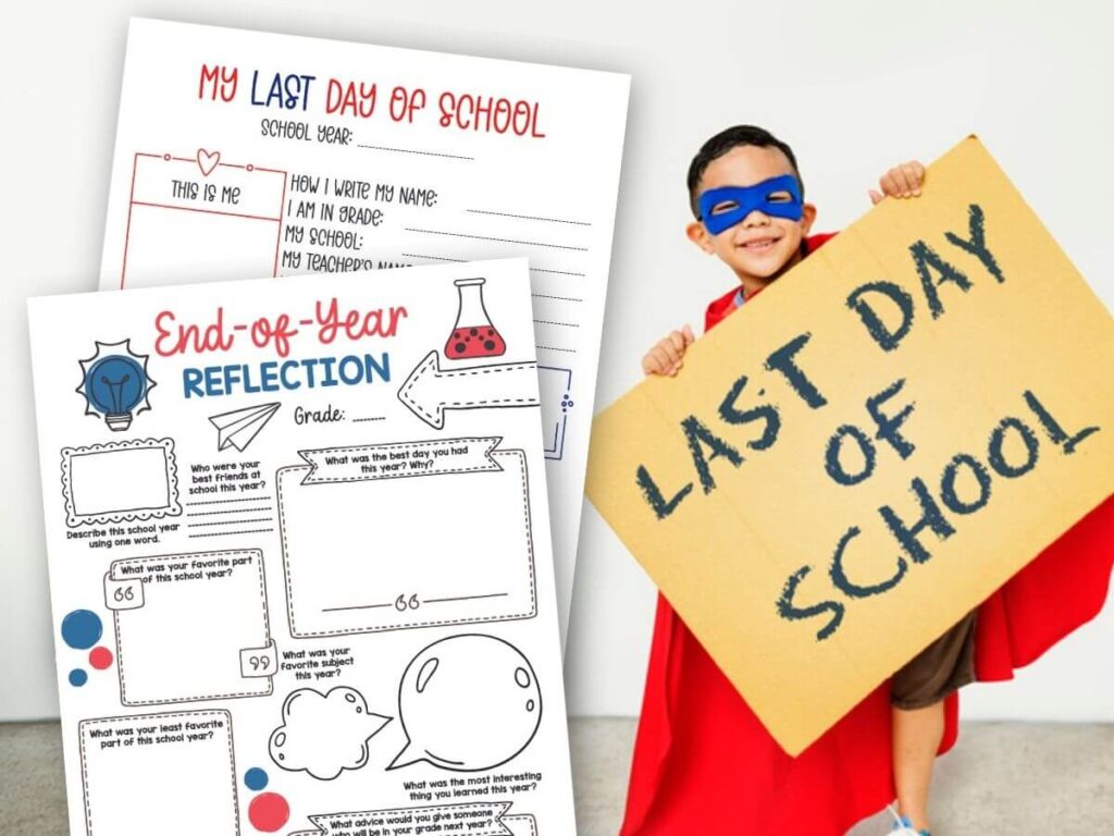 printable last day of school interview questionnaires and a child holding a sign