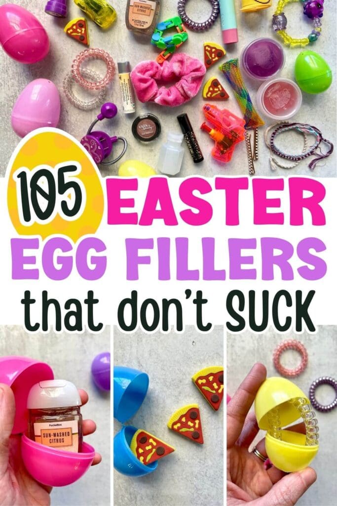 collage of non candy Easter egg filler ideas