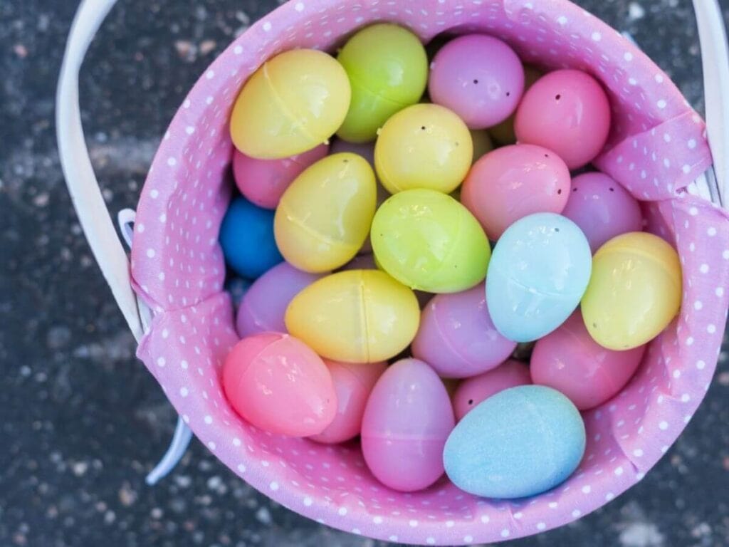 Easter basket filled with plastic Easter eggs