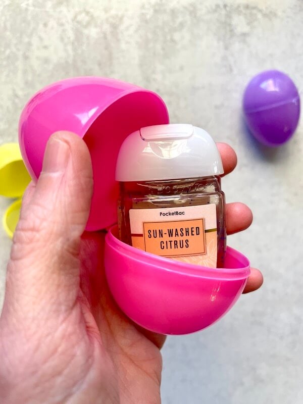 hand sanitizer inside a plastic easter egg