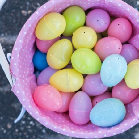 Easter basket filled with plastic Easter eggs
