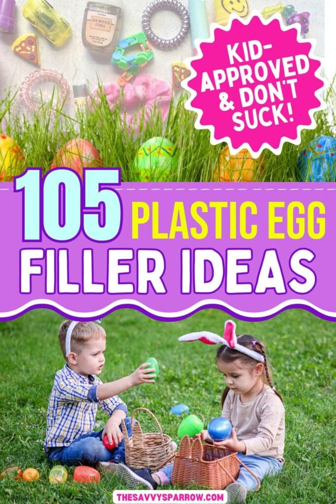 collage with kids having an egg hunt and plastic egg filler ideas