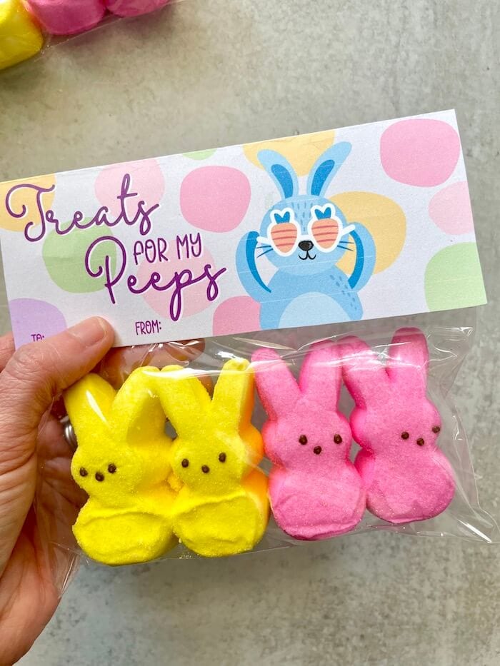 Peeps in a zip top bag with a gift tag