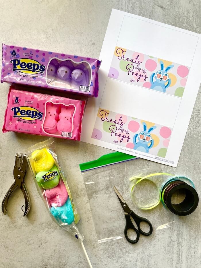 Peeps candy, printable gift tags, scissors, and ribbon
