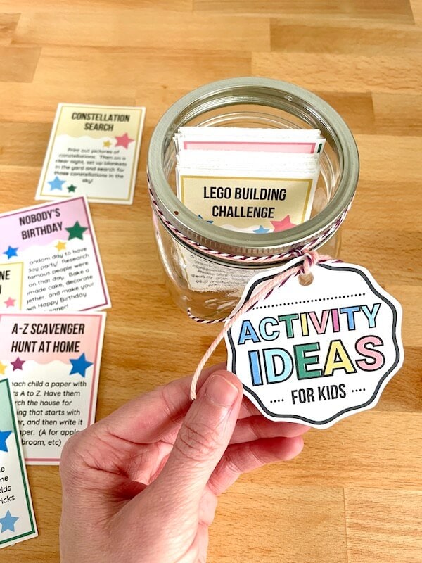 activities jar for kids with printable tag