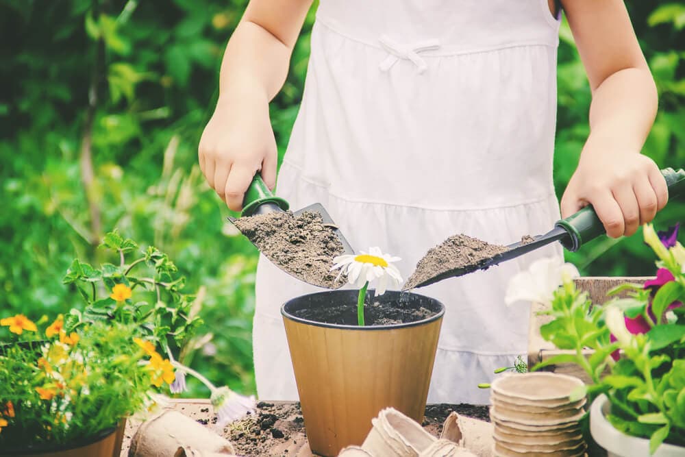 child planting a flower