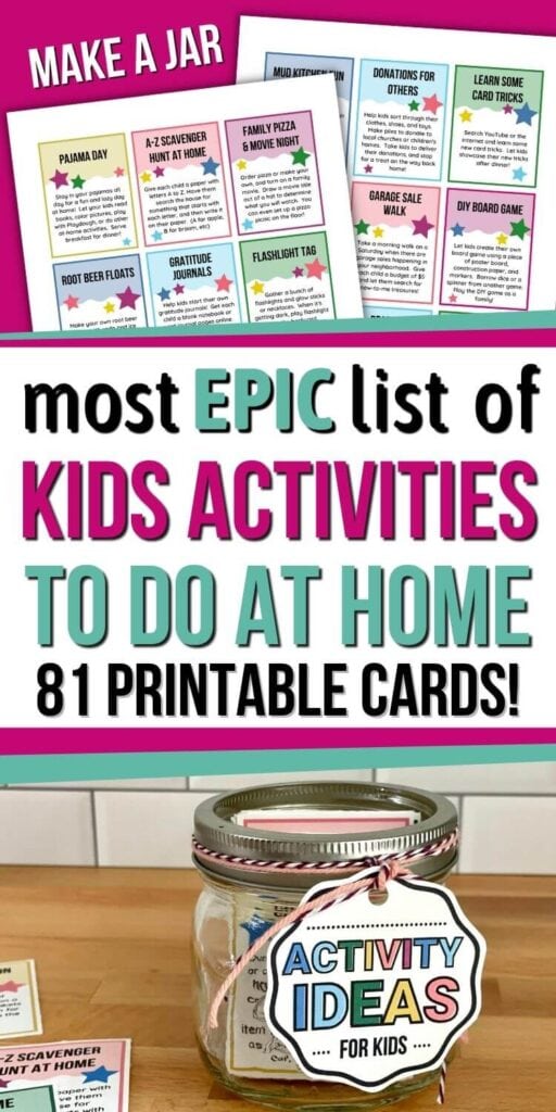 collage of activity cards that says epic list of kids activities to do at home