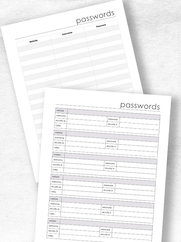 printable password tracker sheets