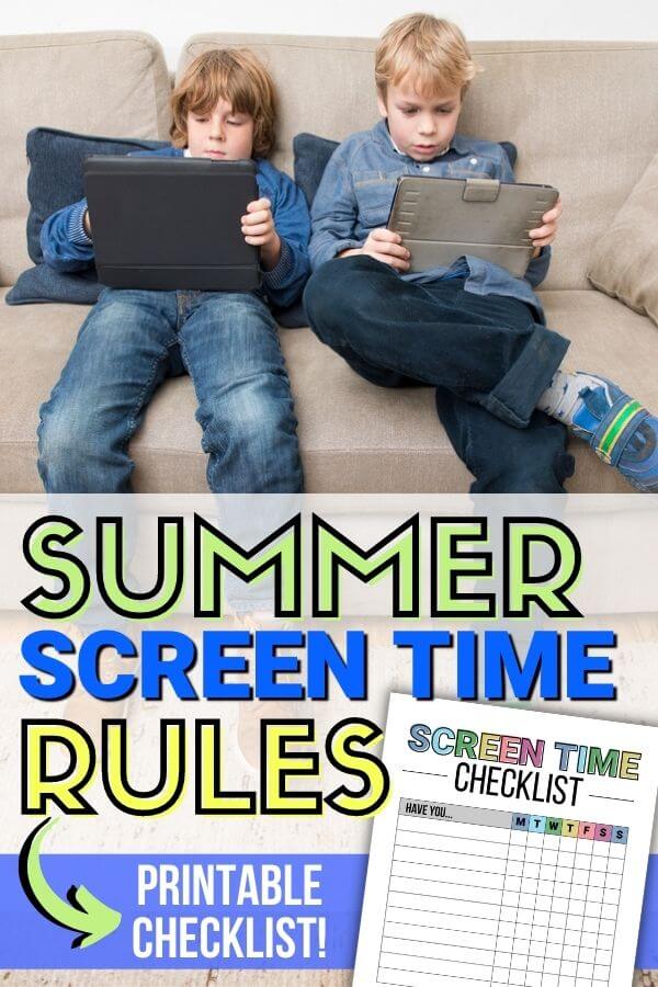 boys on electronic devices and text overlay that says summer screen time rules printable checklist