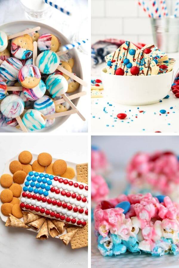 collage of patriotic party desserts