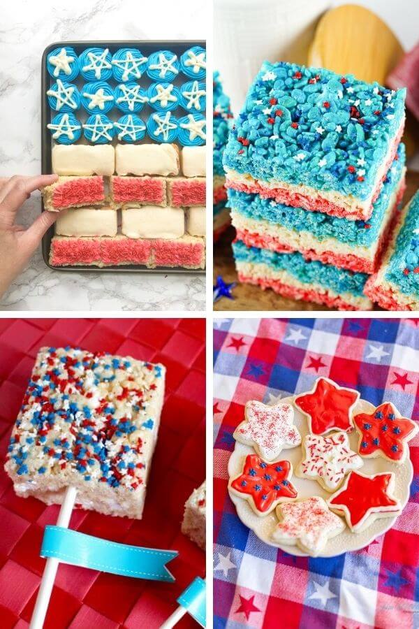 collage of red white and blue rice krispies treats and cookies