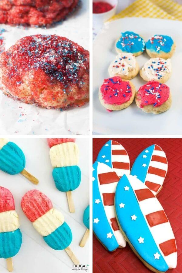 collage of red white and blue decorated cookies