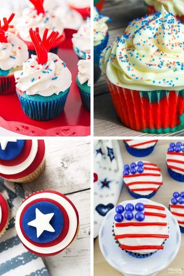 collage of red, white, and blue cupcakes