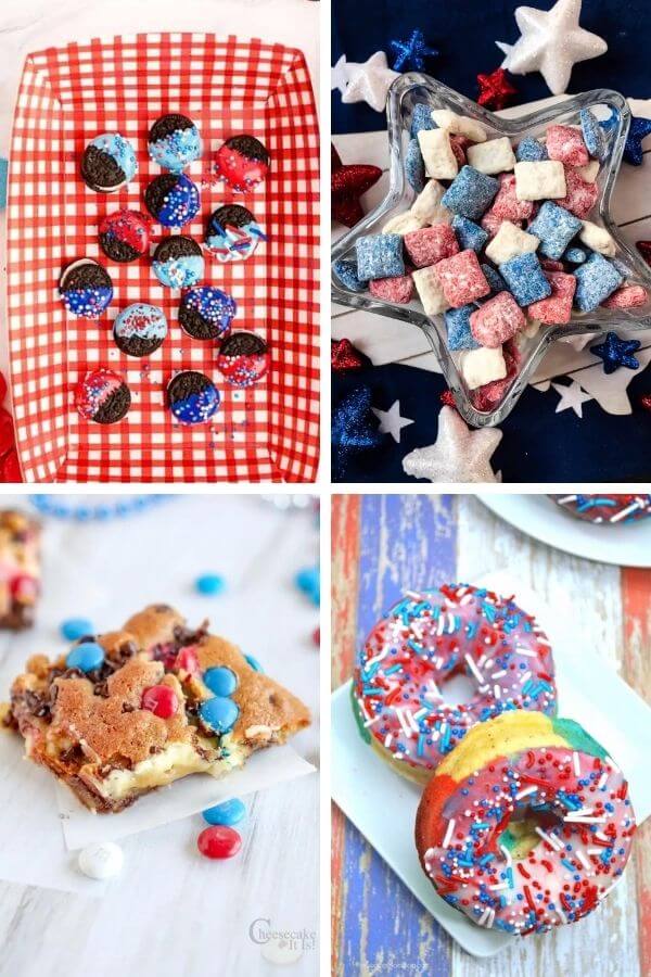 collage of red white and blue desserts for July 4th