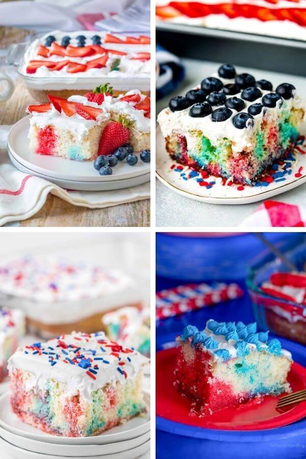 collage of red white and blue poke cakes