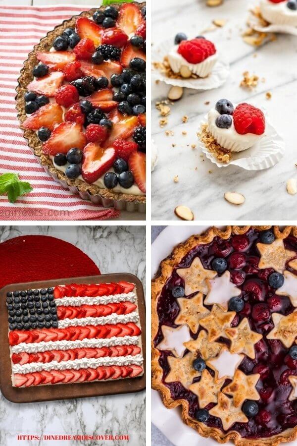 collage of red, white, and blue desserts