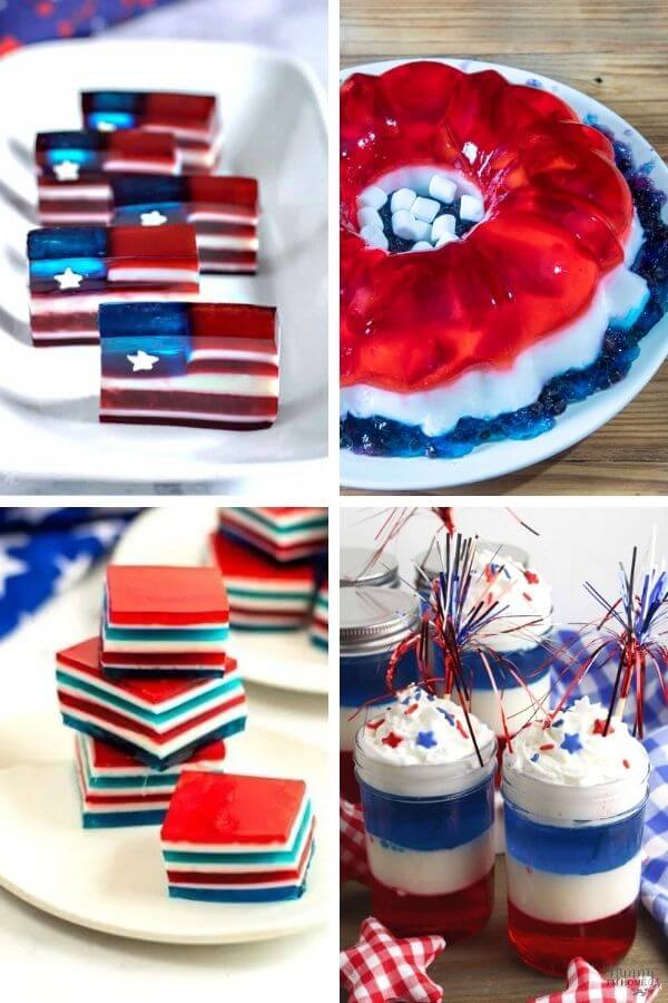 collage of red white and blue layered jello desserts