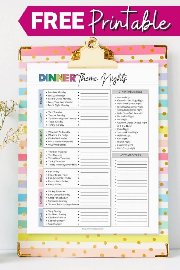 dinner theme nights printable list