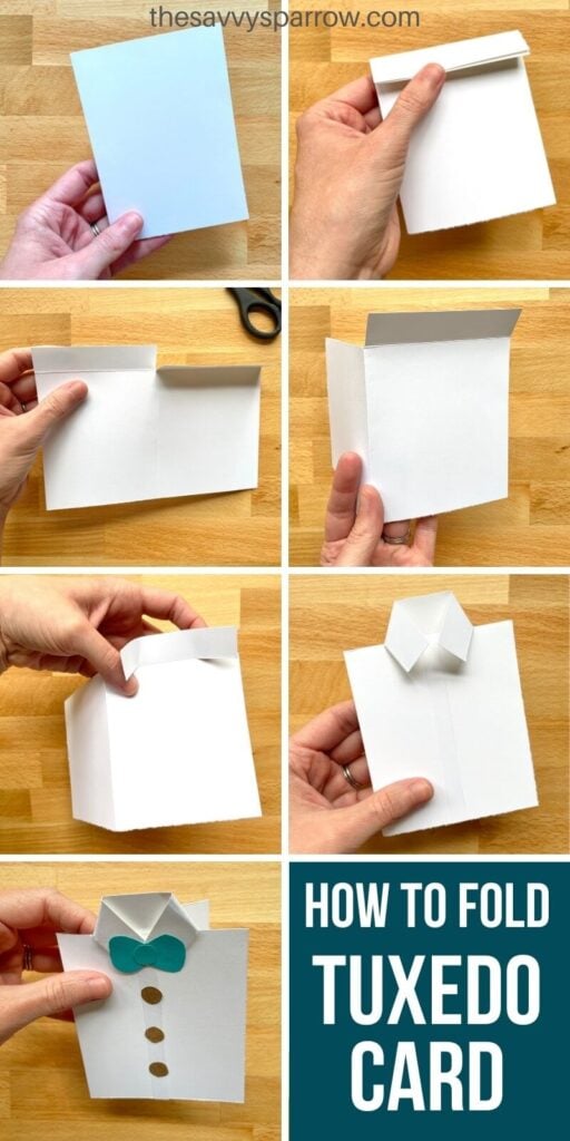 collage of photos showing how to fold a tuxedo card