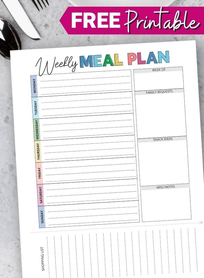 free printable weekly meal plan template with grocery list