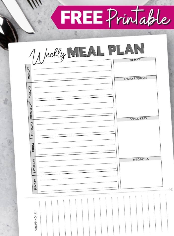 black and white printable weekly meal plan with grocery list