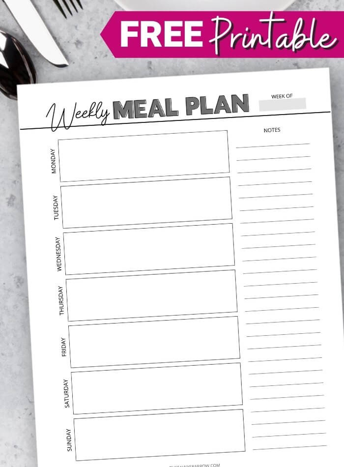 black and white free printable meal planner with notes section