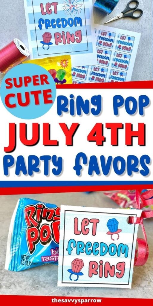 collage of ring pop July 4th party favors and supplies