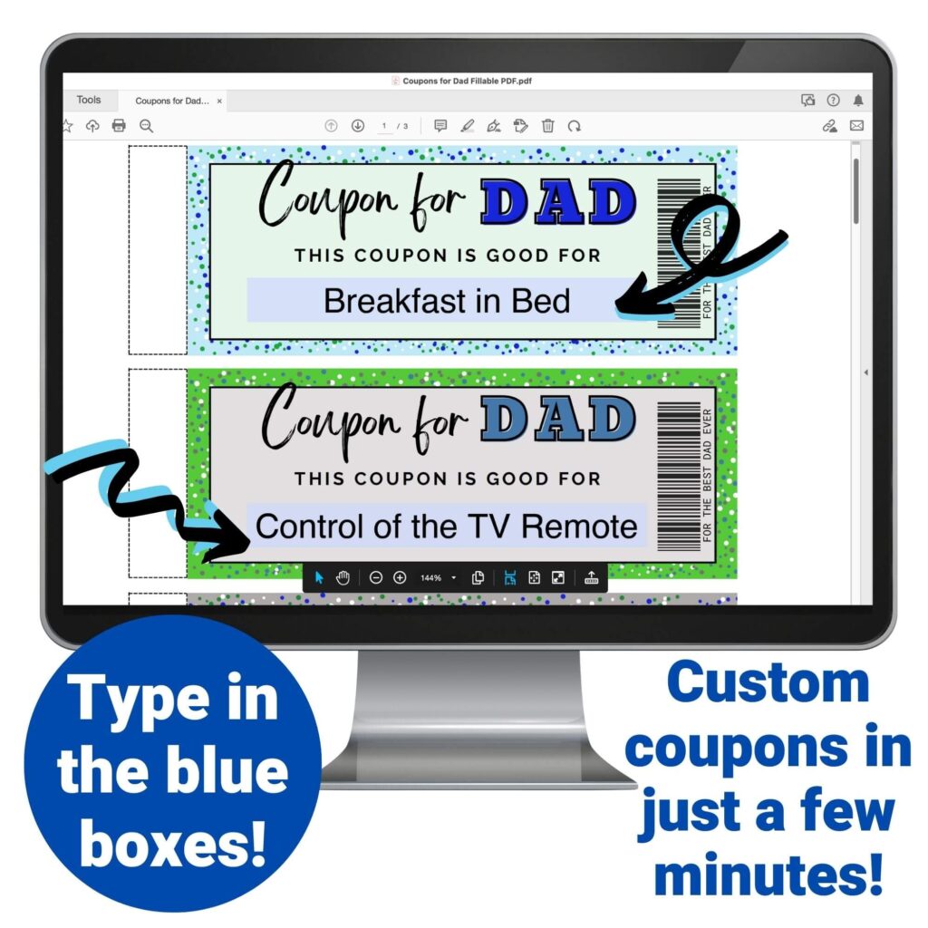 graphic showing how to type into the coupons for Dad PDF