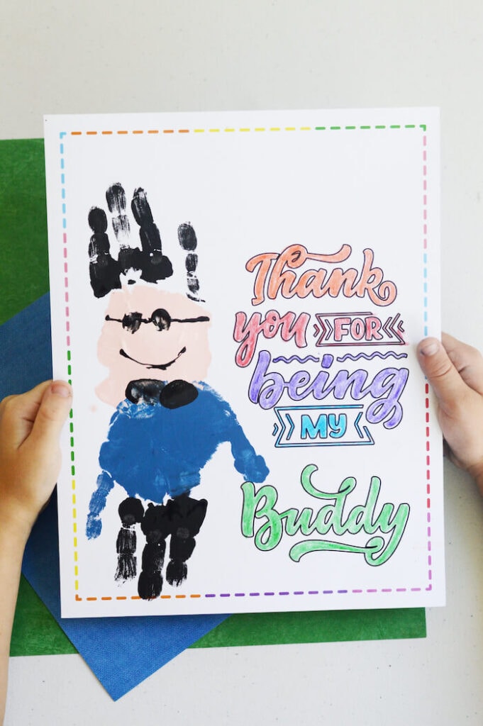 Fathers day handprint art sheet that says thank you for being my buddy