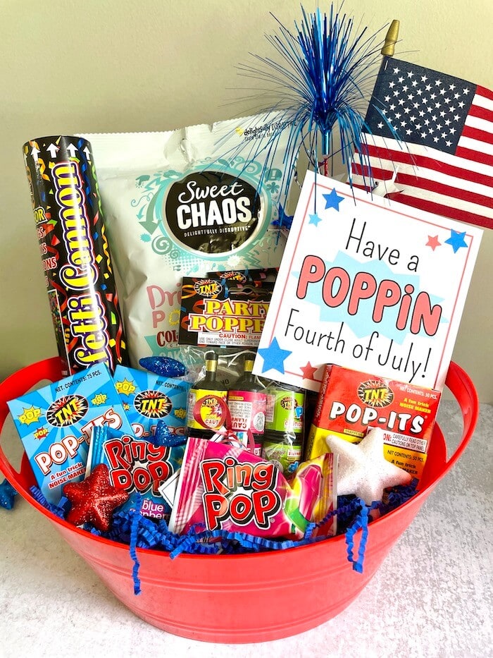 Fourth of July gift basket with printable patriotic gift tag