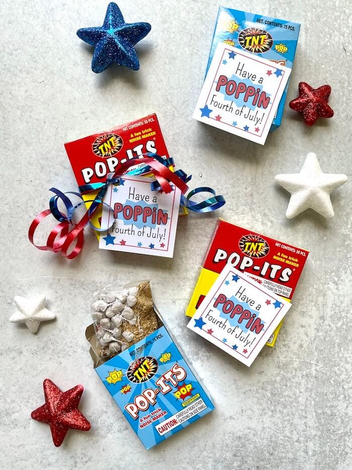 July 4th pop-its party favors with printable gift tags