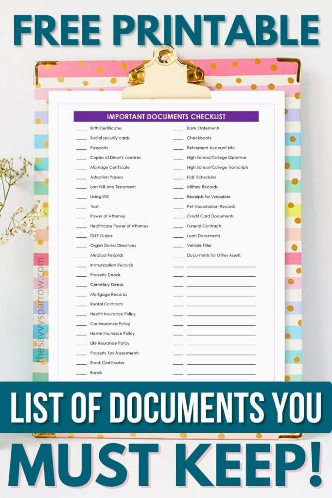 free printable checklist of important documents to keep