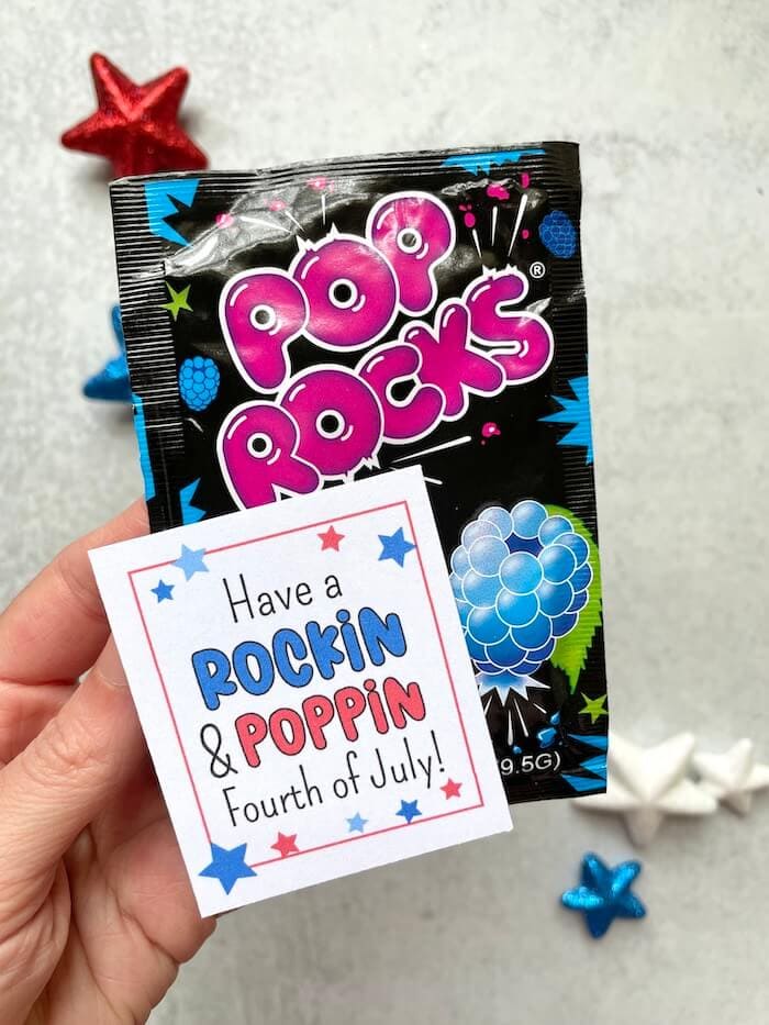 Pop Rocks candy with a printable Fourth of July tag taped on