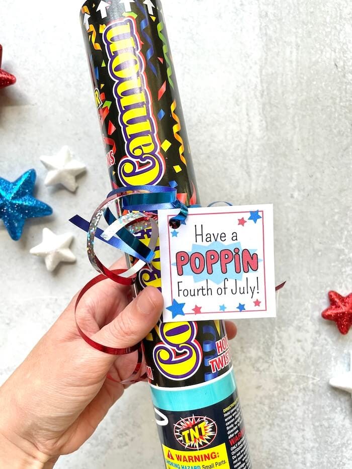 confetti cannon with printable tag that says have a poppin' fourth of July