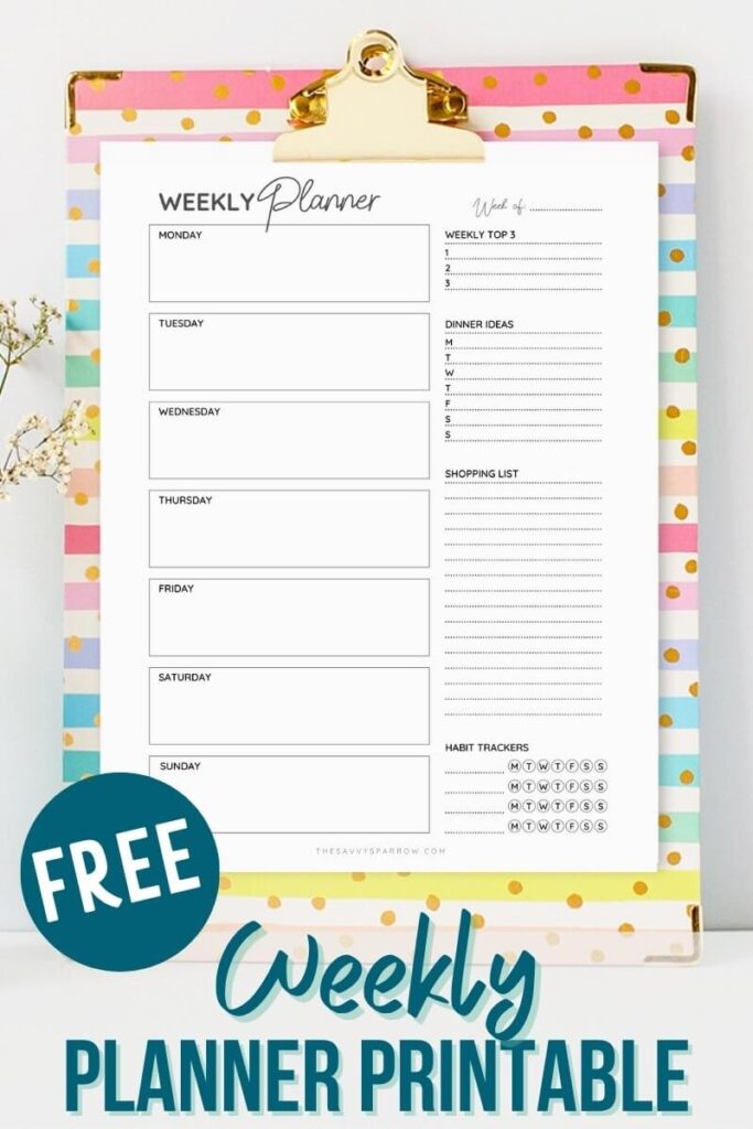 black and white one page weekly planner PDF
