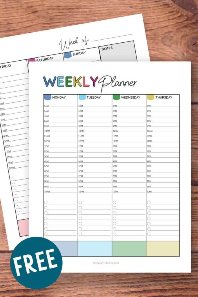two page hourly weekly planner printable