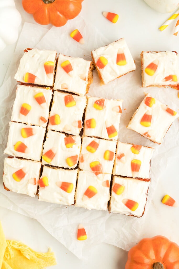 candy corn cookie bars cut into small squares