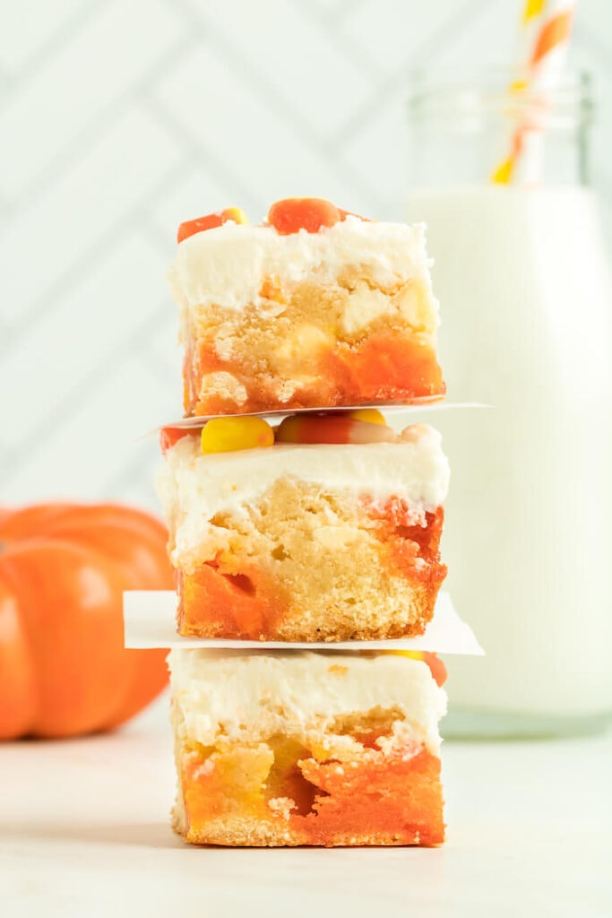 candy corn cookie bars stacked up