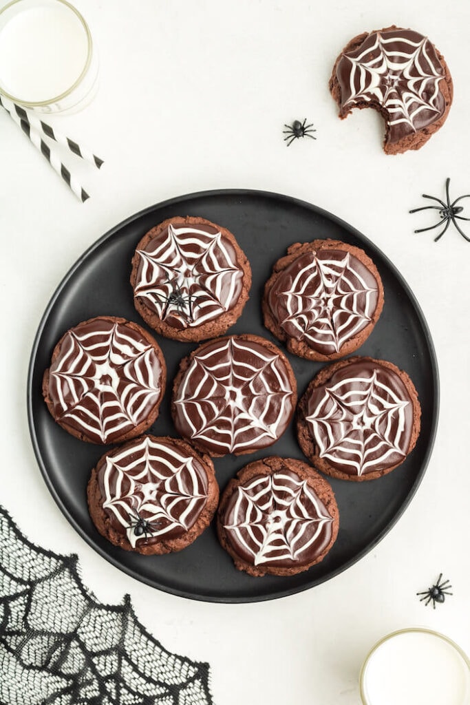 spider web Halloween cookies on a plate