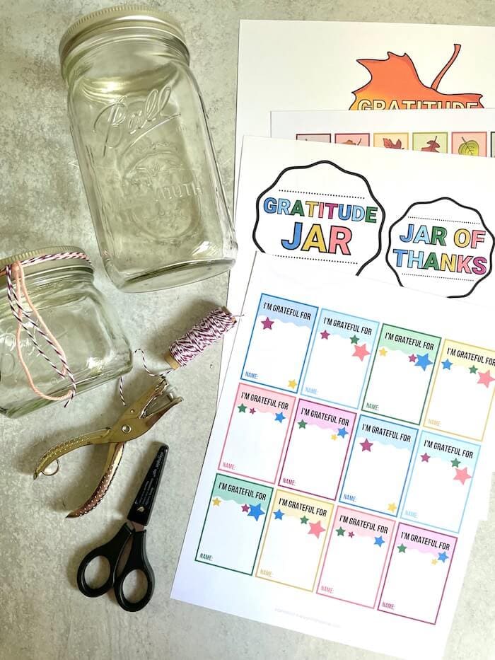 gratitude jar printable templates, glass jars, twine, scissors