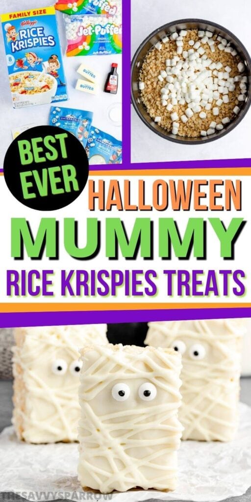 Halloween mummy rice krispie treats collage