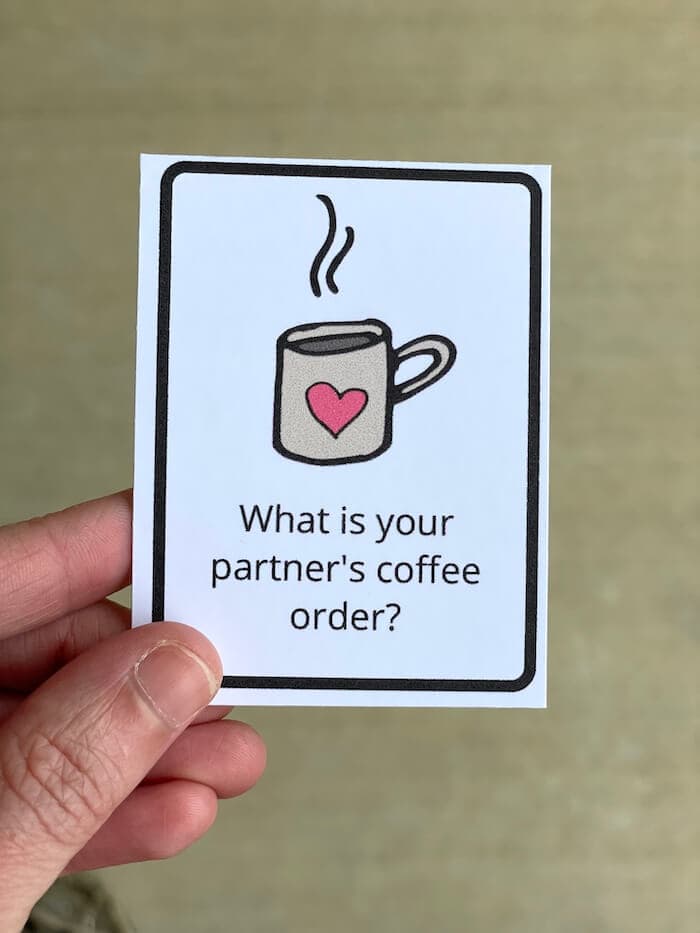 question card that says "what is your partner's coffee order?"