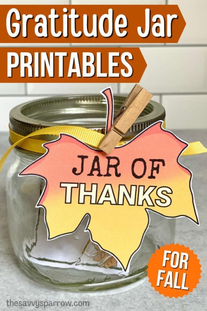 fall themed gratitude jar printable tag that says jar of thanks