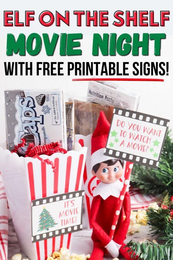 Elf on the Shelf movie night display with printable signs