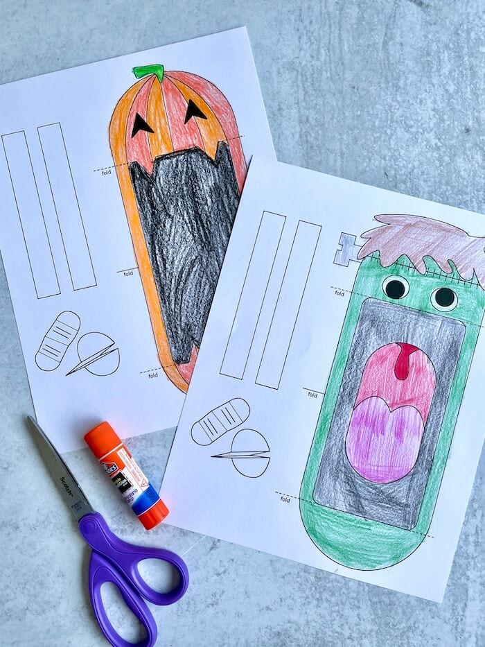 printable Halloween puppets colored with crayons